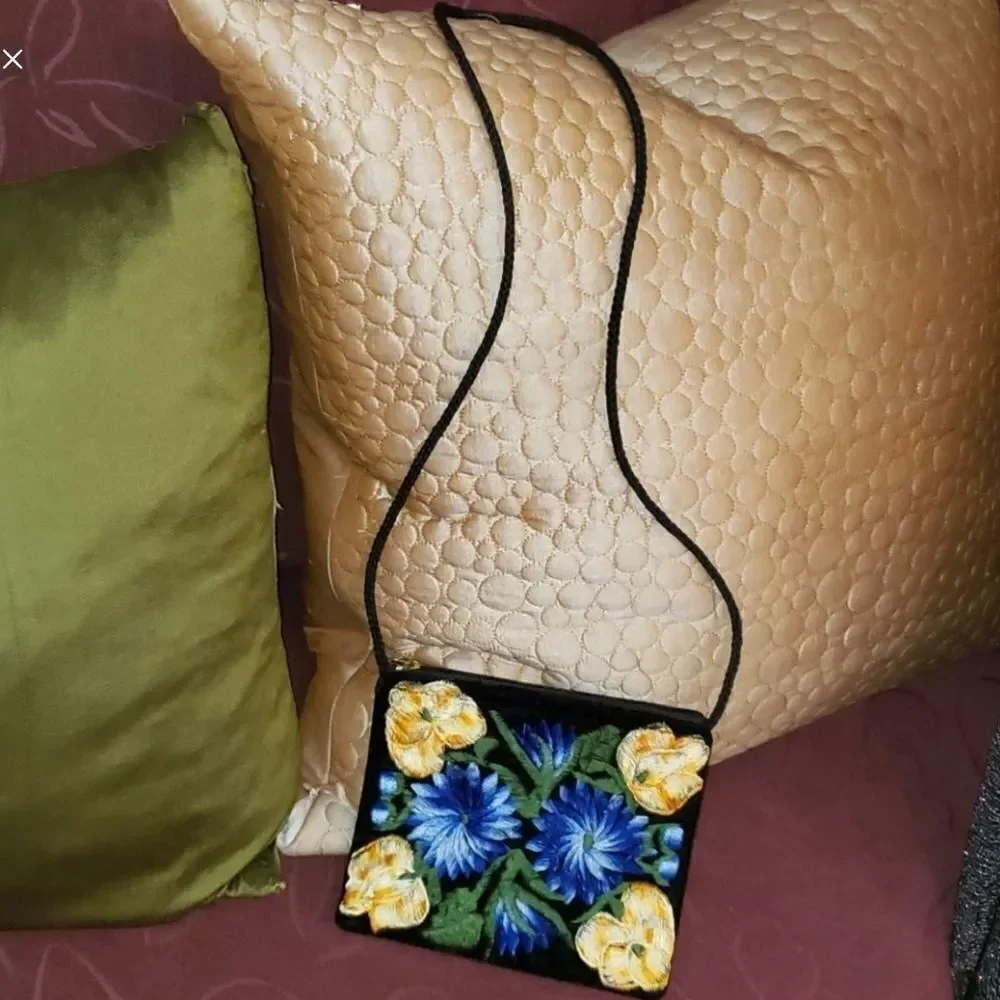 Black Velvet Embroidered Floral Stitch Crossbody Purse